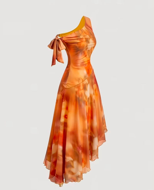 Elegant Asymmetrical Floral Dress With Shoulder Details